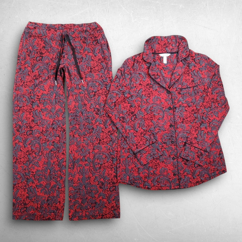 Soma Pajama Set Women S/M Red Floral Filigree Cotton Modal Loungewear Sleepwear